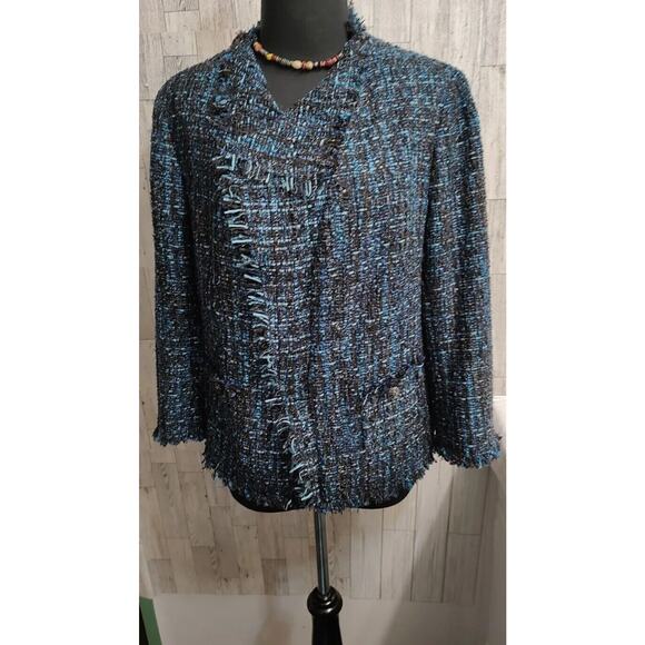 Anne Klein Women's Open woven fringed fully lined Blue tweed metallic Jacket 12 - Picture 9 of 12